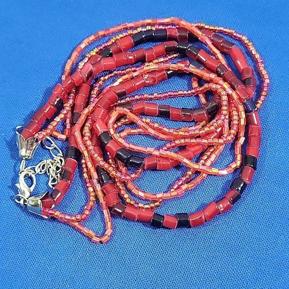 Vintage Beaded Necklace Red Pink Triple Strand Bohoβ Lobster Claw Closure
